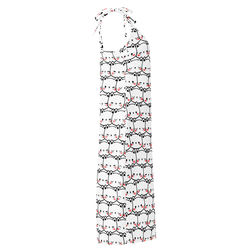 White halter-neck midi slip dress with adjustable tie straps featuring black-outlined cartoon cat print with pink blushes