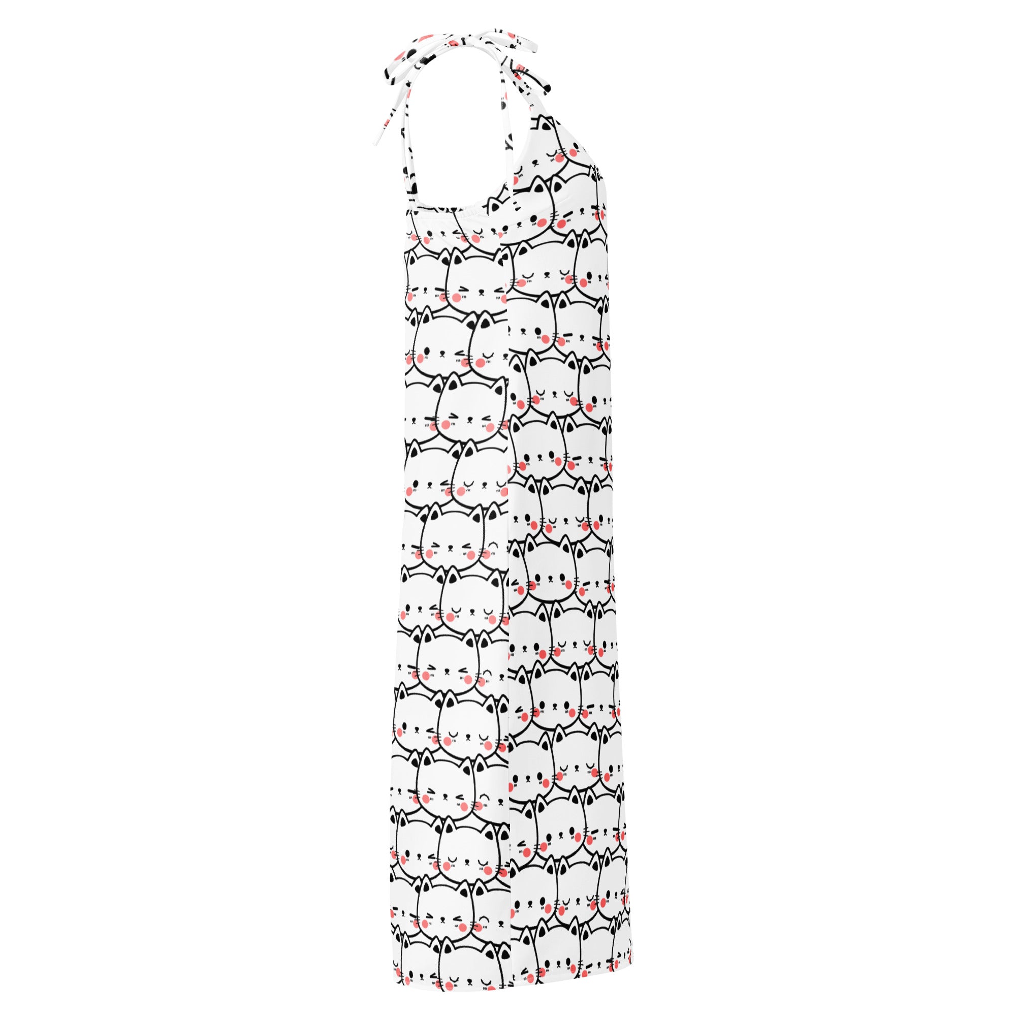 White halter-neck midi slip dress with adjustable tie straps featuring black-outlined cartoon cat print with pink blushes