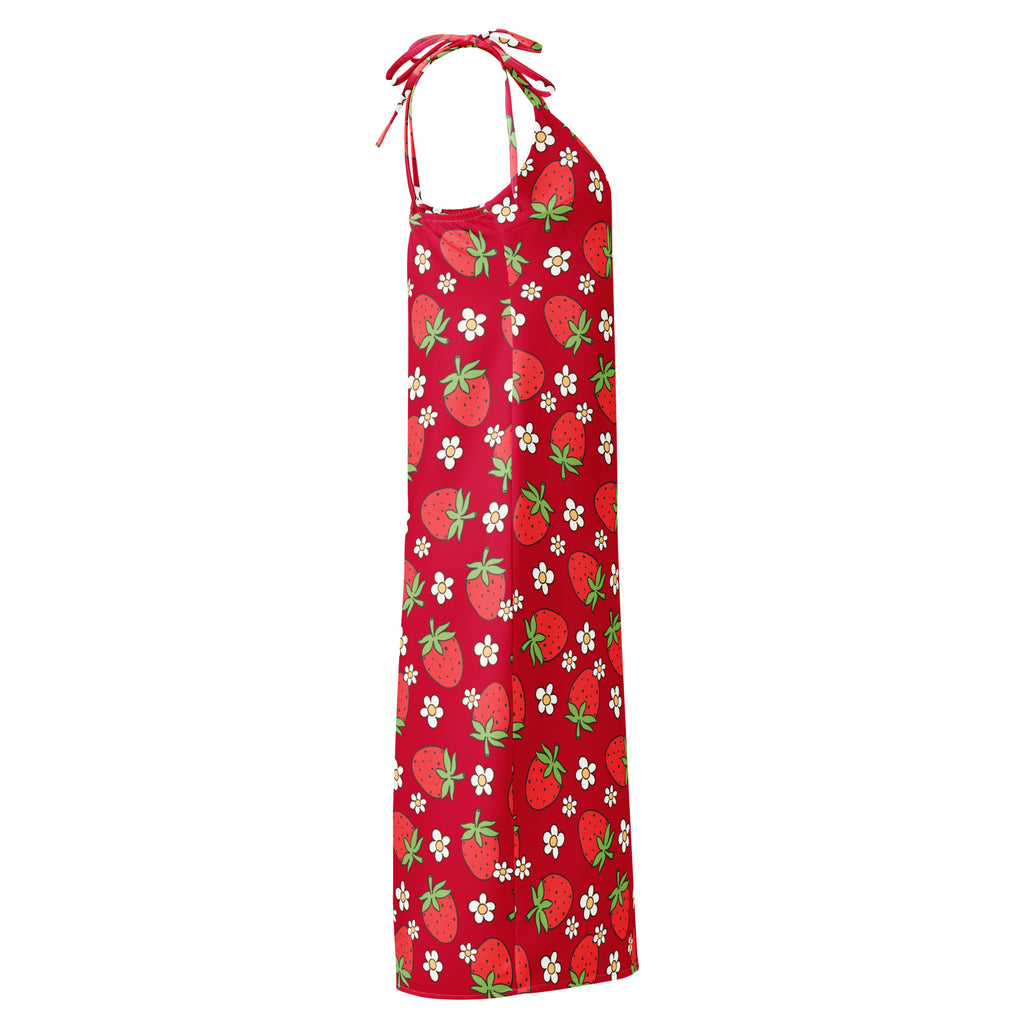 Women’s red strawberry slip dress midi dress with adjustable tie straps and built in bra featuring halter neck design