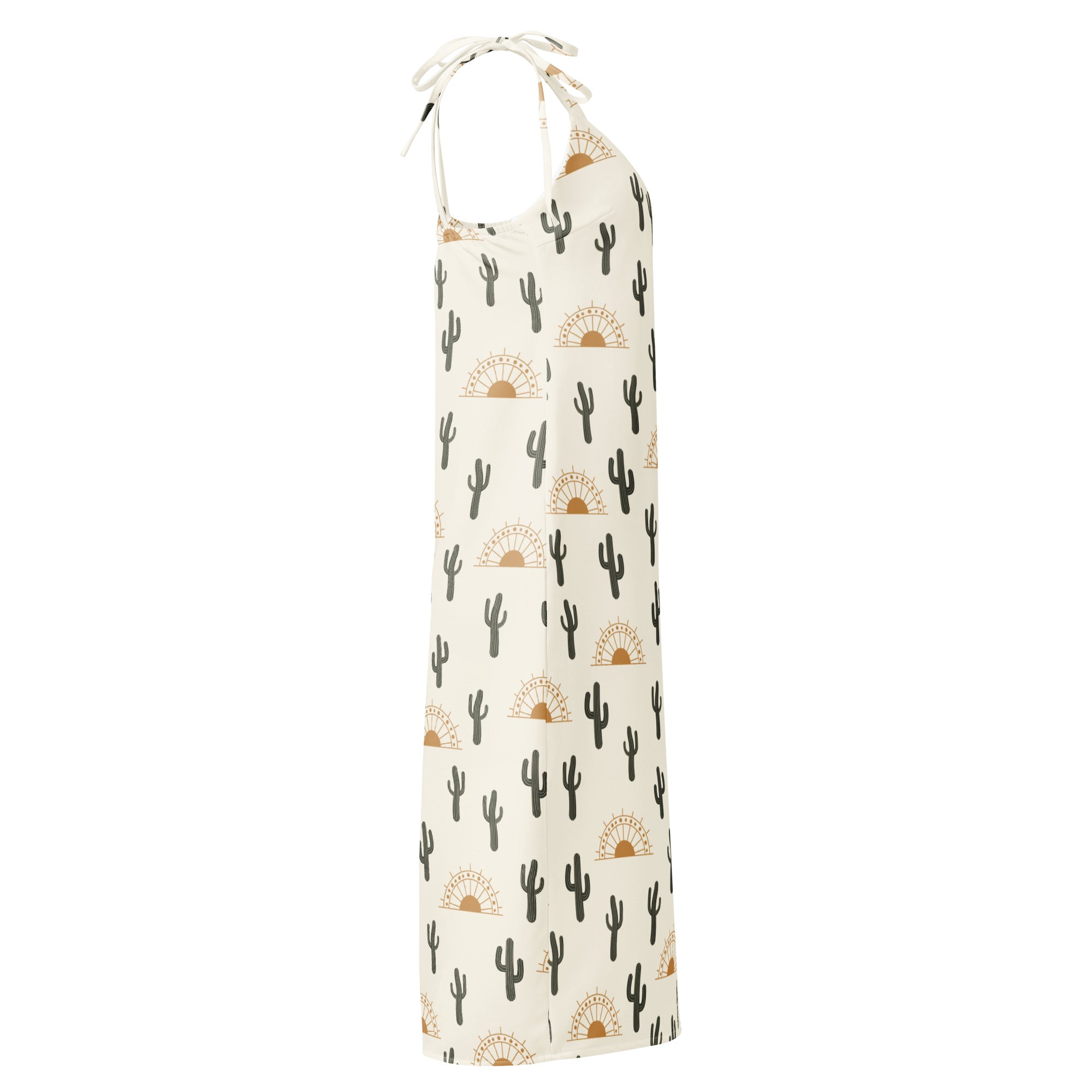 Cream-colored women’s desert cactus sunrise slip midi dress with adjustable tie straps and black cactus golden sunsets pattern