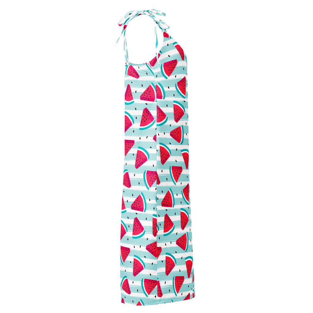 Women’s watermelon stripe slip dress midi dress with adjustable tie straps and built in bra in blue white with red watermelon pattern