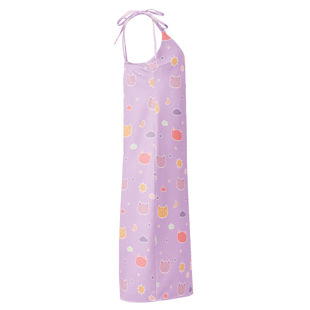 Lavender halter-neck midi slip dress with pastel kawaii cats moons clouds pattern and adjustable tie straps with built-in bra