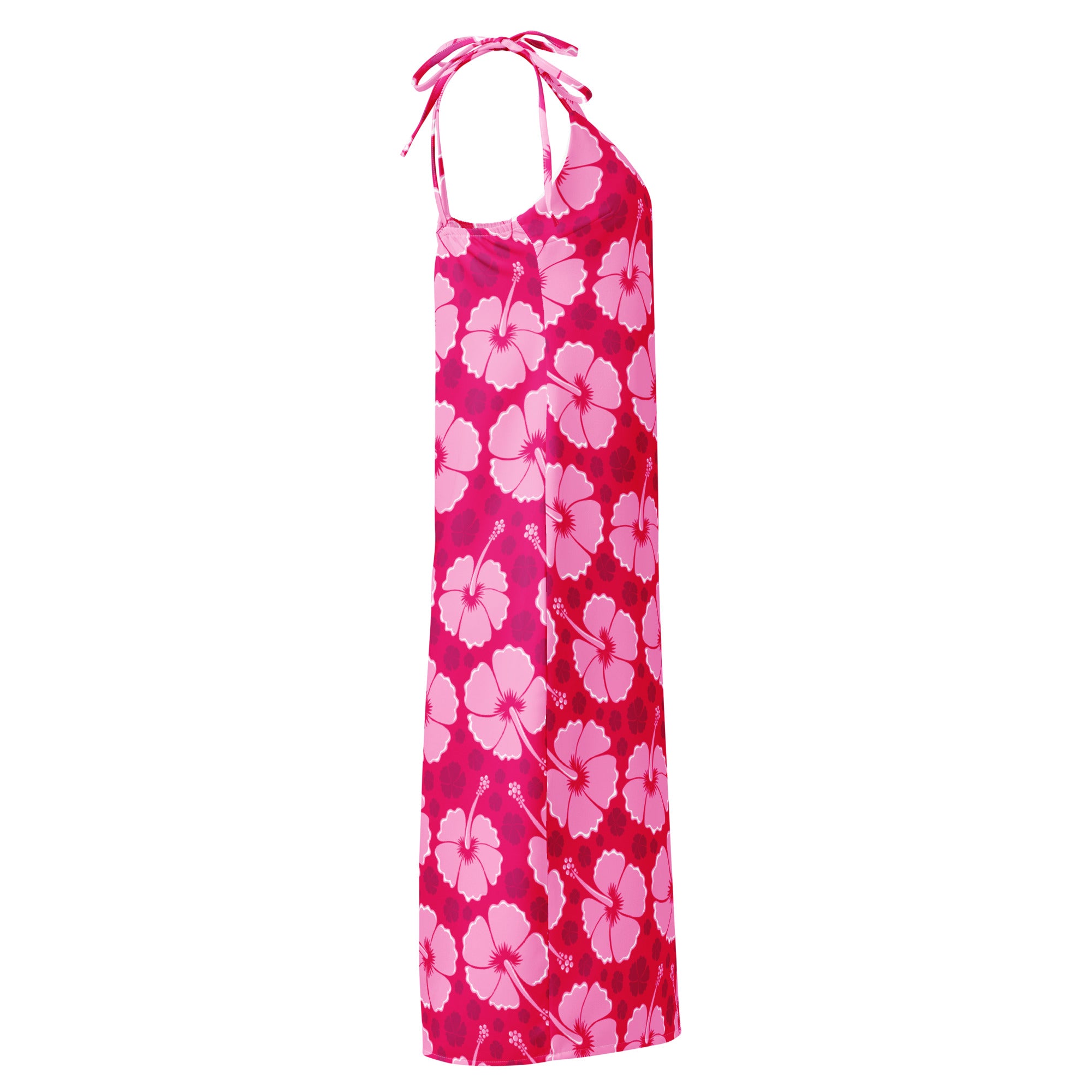 A vibrant pink tropical hibiscus slip dress with adjustable tie straps and built-in bra featuring bold floral pattern