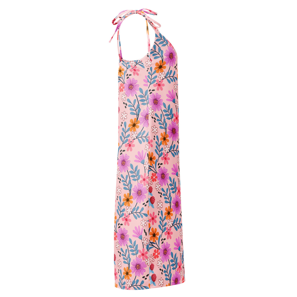 Women’s pink floral slip dress midi with adjustable tie straps built in bra and vibrant purple orange blue flowers