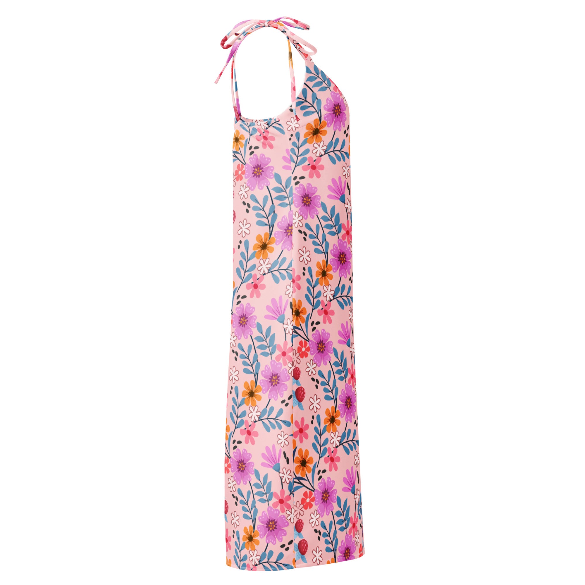 Women’s pink floral slip dress midi with adjustable tie straps built in bra and vibrant purple orange blue flowers