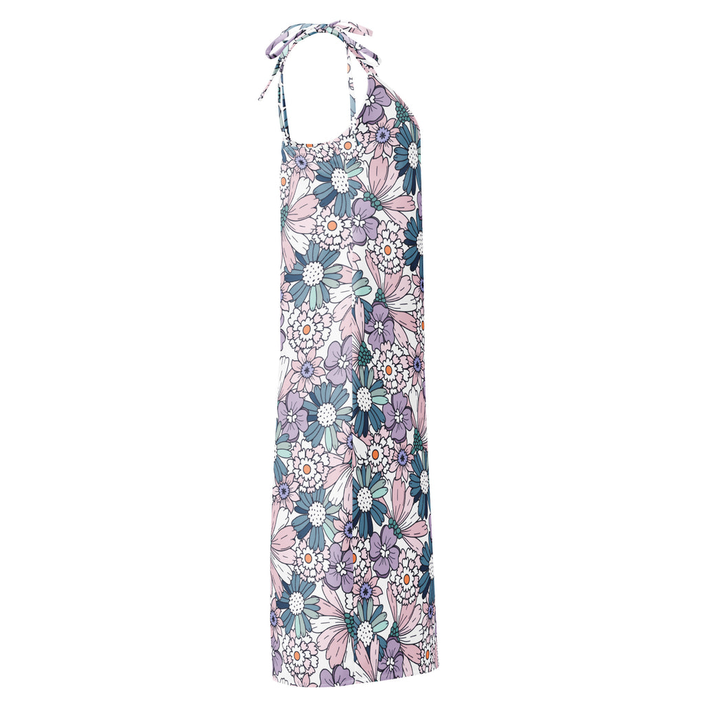 Women’s pastel floral slip dress midi halter neck with adjustable tie straps vibrant pink purple teal pattern on white