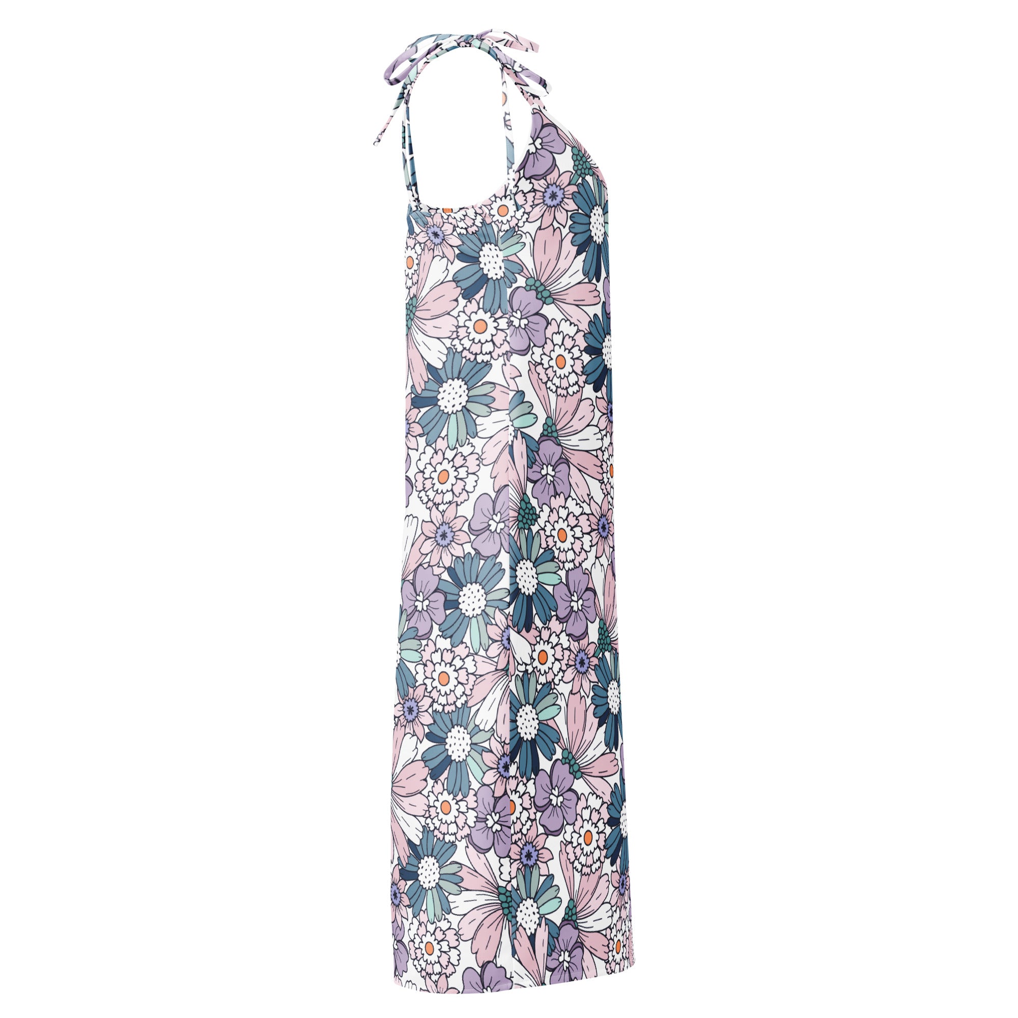 Women’s pastel floral slip dress midi halter neck with adjustable tie straps vibrant pink purple teal pattern on white