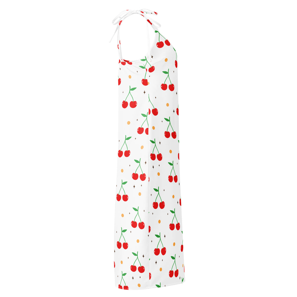 Women’s white cherry print slip dress midi with halter neck adjustable tie straps and built in bra features playful pattern