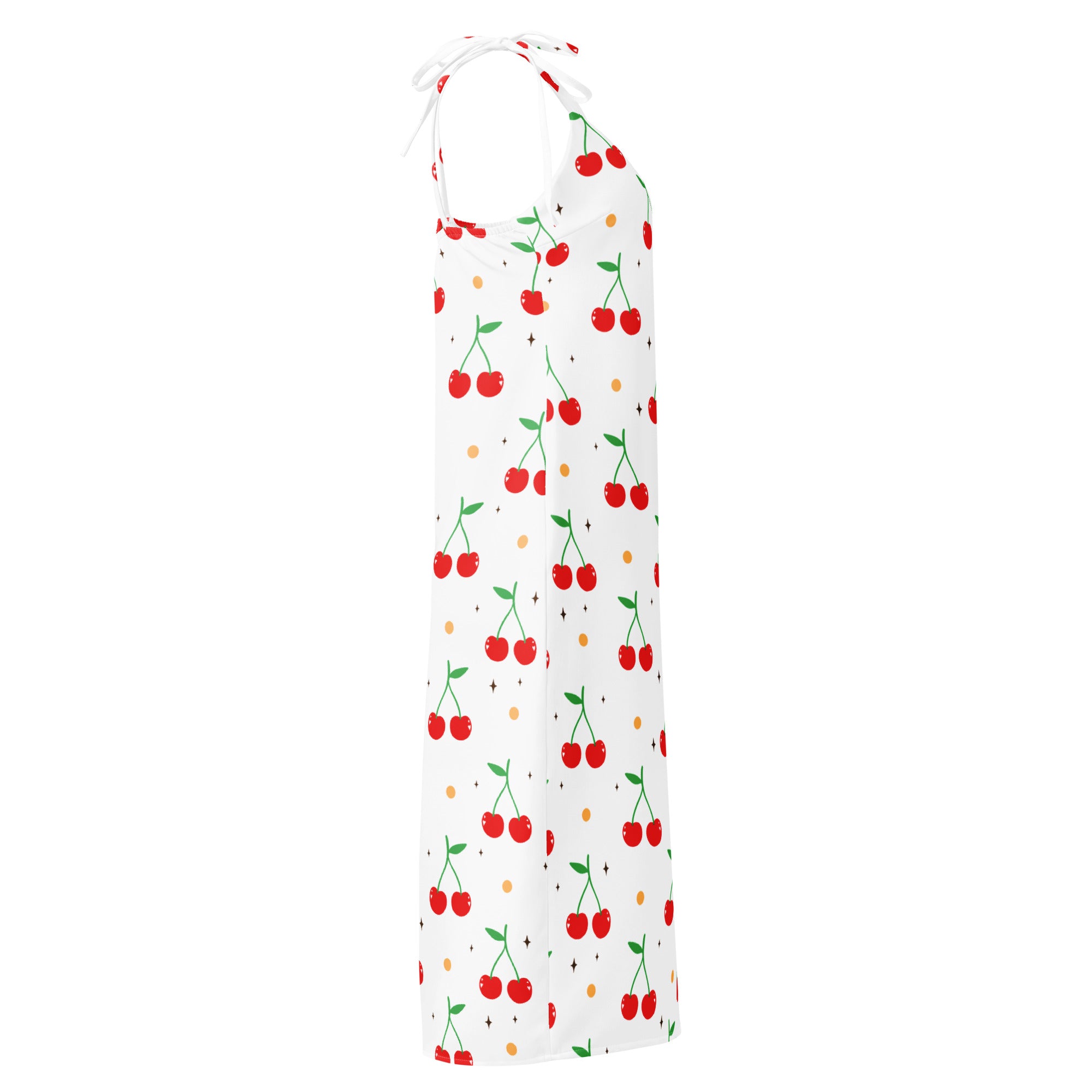 Women’s white cherry print slip dress midi with halter neck adjustable tie straps and built in bra features playful pattern