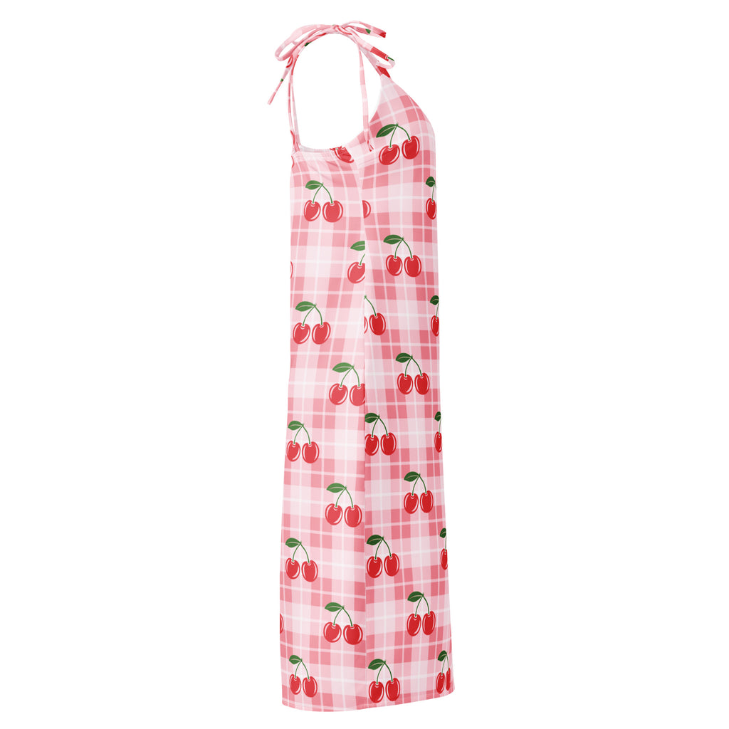 Women’s pink cherry gingham slip midi dress with adjustable tie shoulder straps and built-in bra