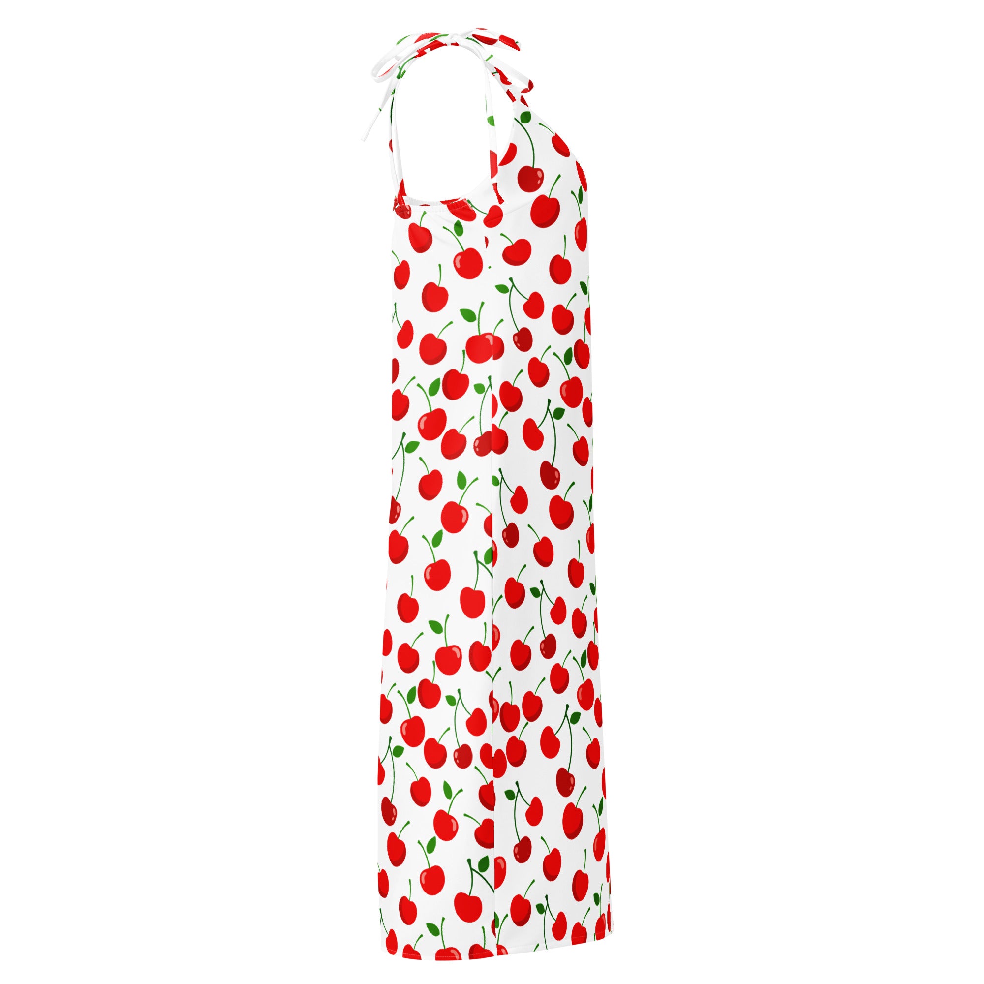 Women’s white halter-neck slip dress with red cherry print green stems midi length adjustable tie straps built-in bra