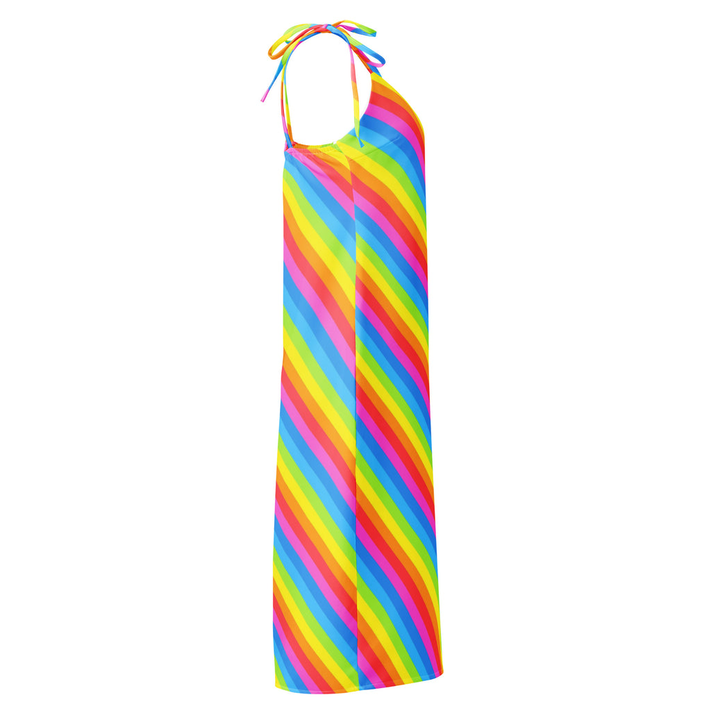 Women’s rainbow stripe slip dress midi with adjustable tie-back straps and built-in bra in vibrant colors