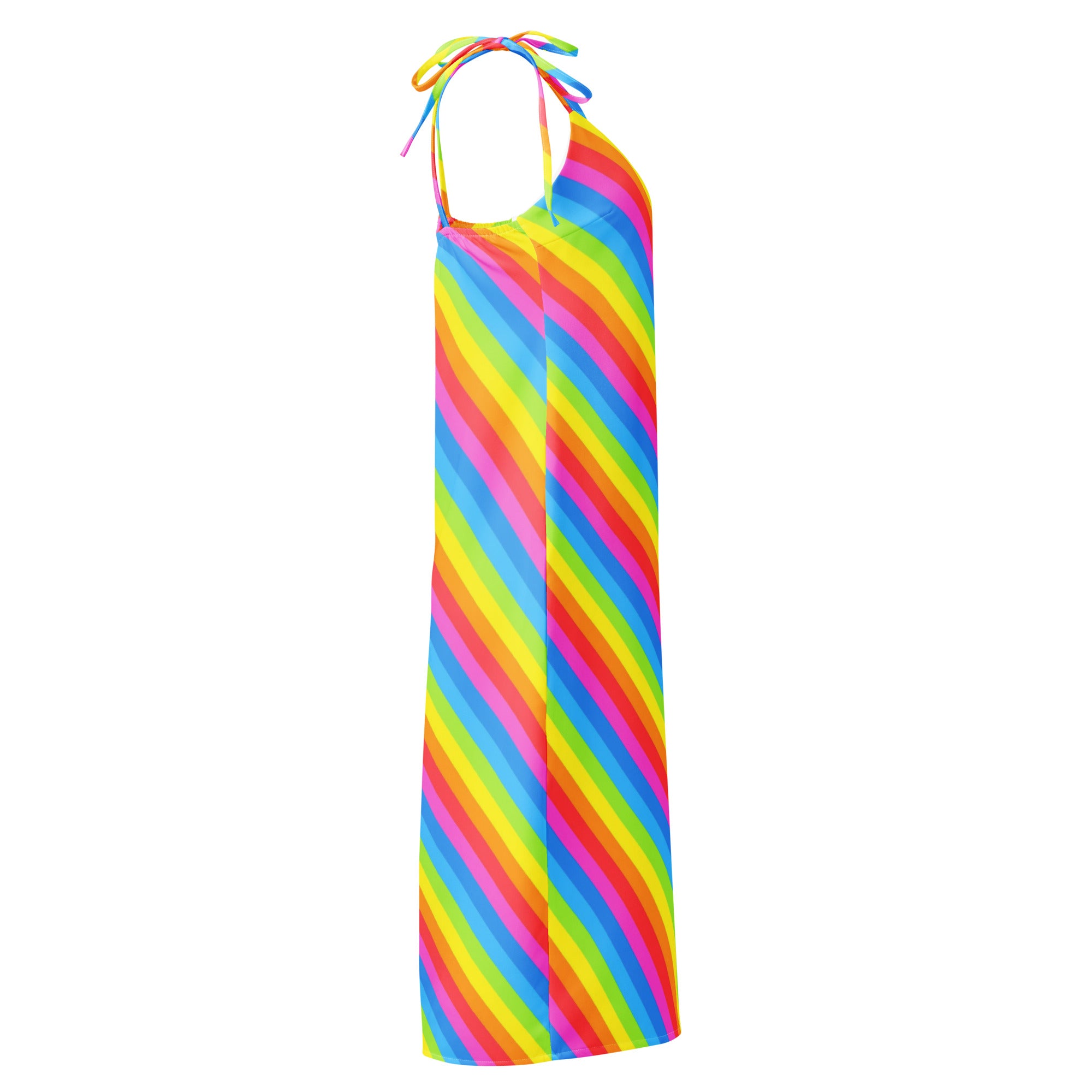 Women’s rainbow stripe slip dress midi with adjustable tie-back straps and built-in bra in vibrant colors