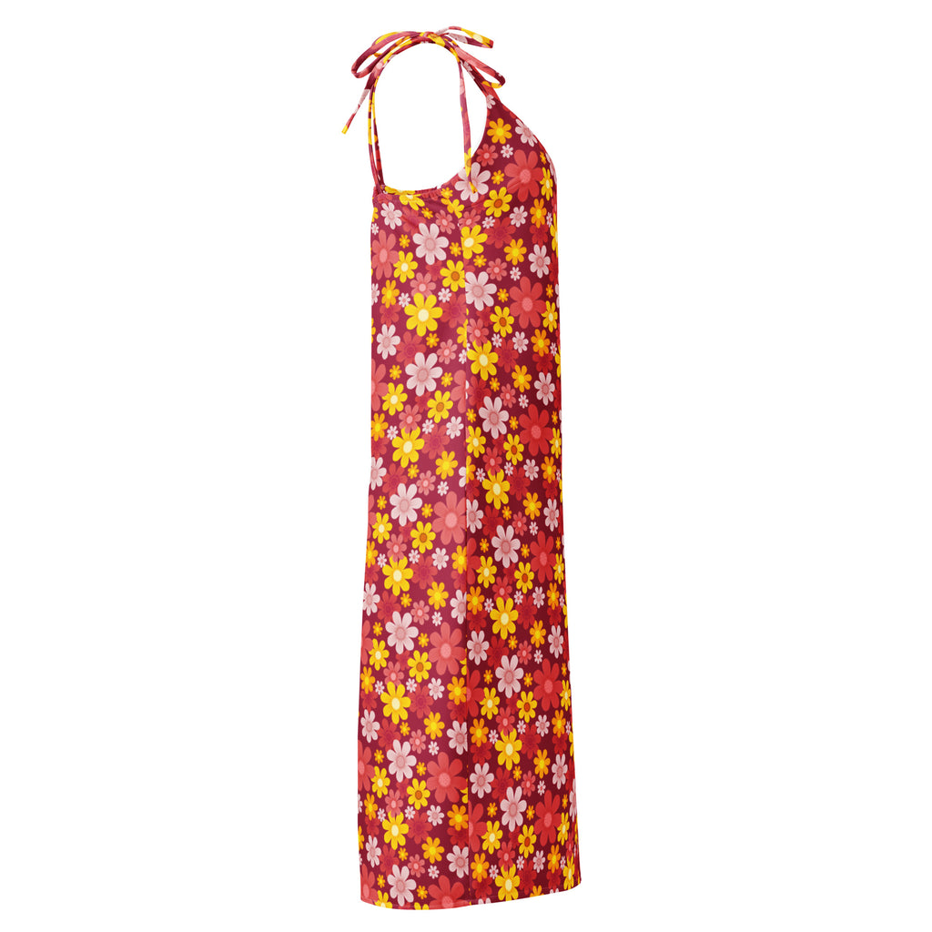 Women’s red floral slip midi dress with halter neck adjustable tie straps and vibrant yellow pink white daisies pattern