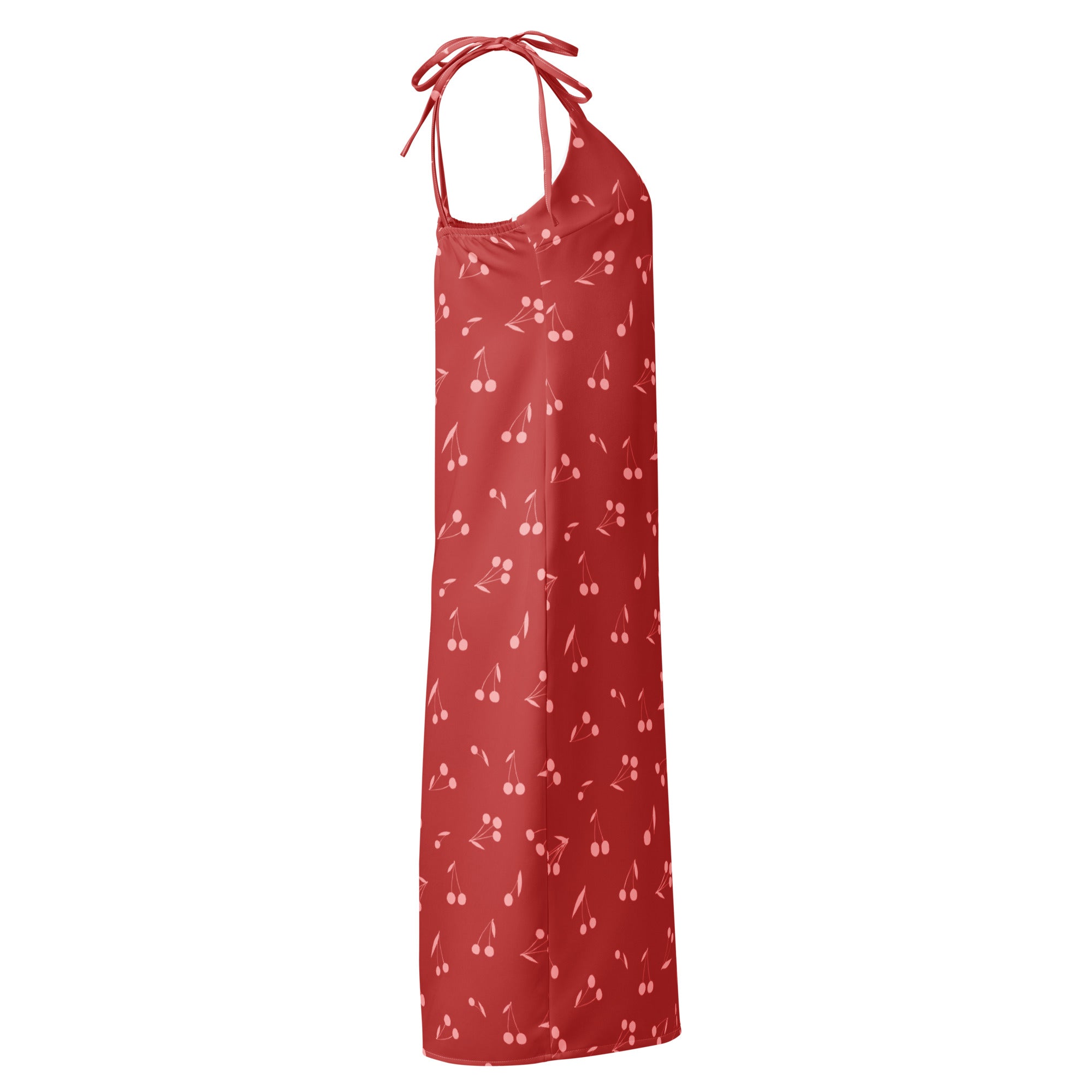 Women’s red cherry print halter maxi dress with thin adjustable tie straps and built in bra for comfortable wear