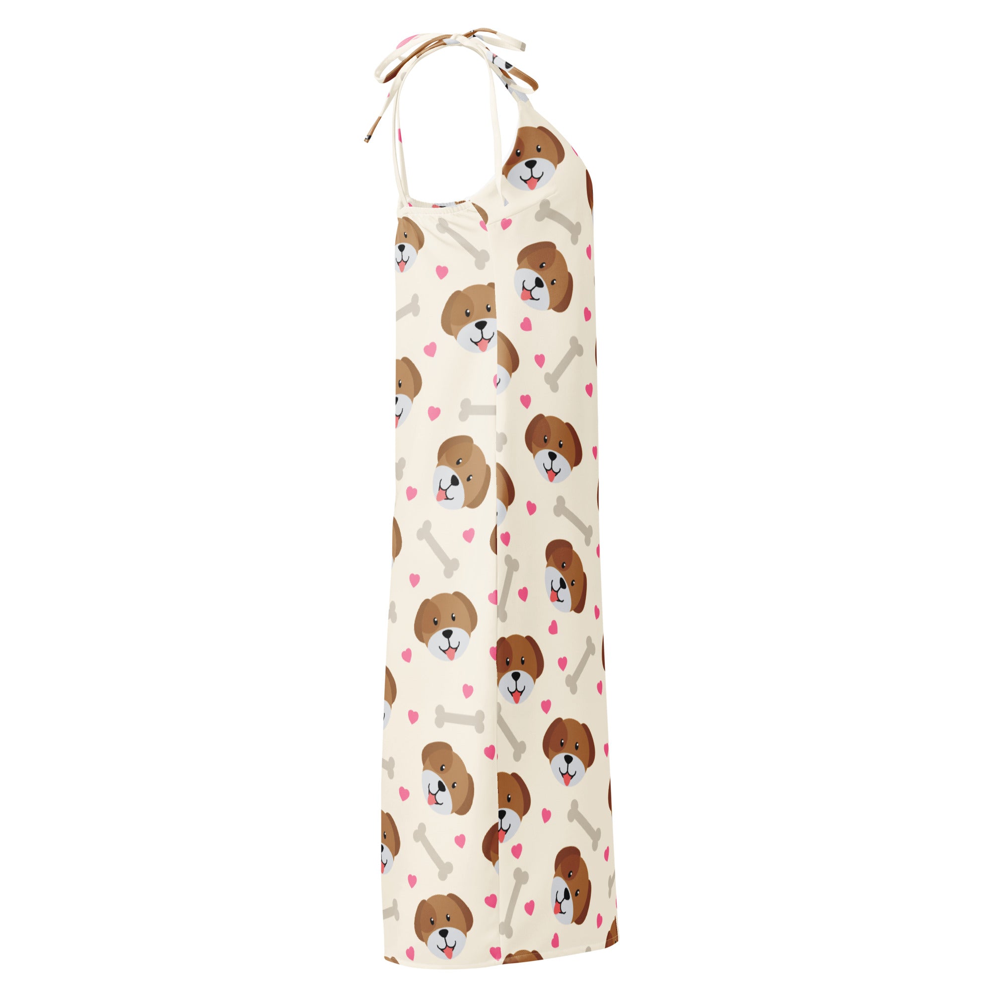 Women’s cream halter neck apron with playful brown dog faces pink hearts and gray bones pattern