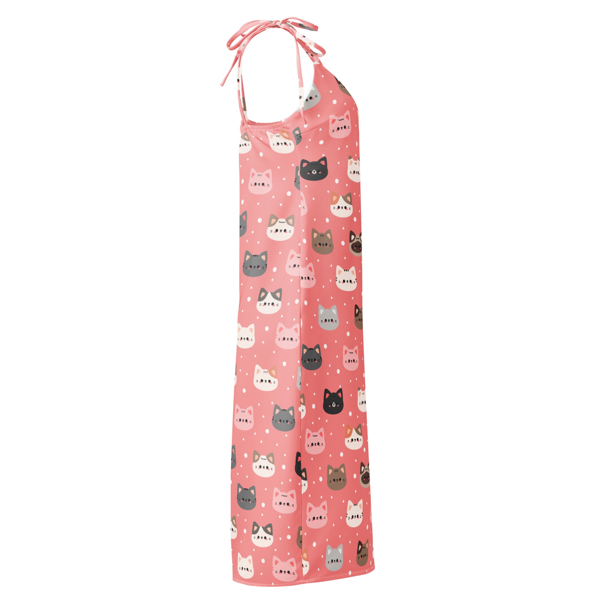 Women’s pink cat slip dress midi with adjustable tie straps and built-in bra featuring playful cartoon cats pattern