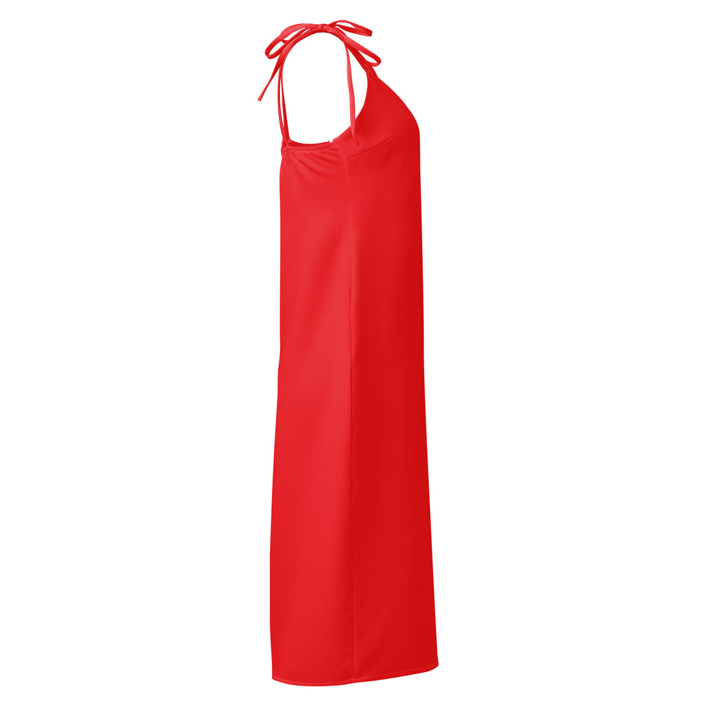 Red halter neck dress on a white background