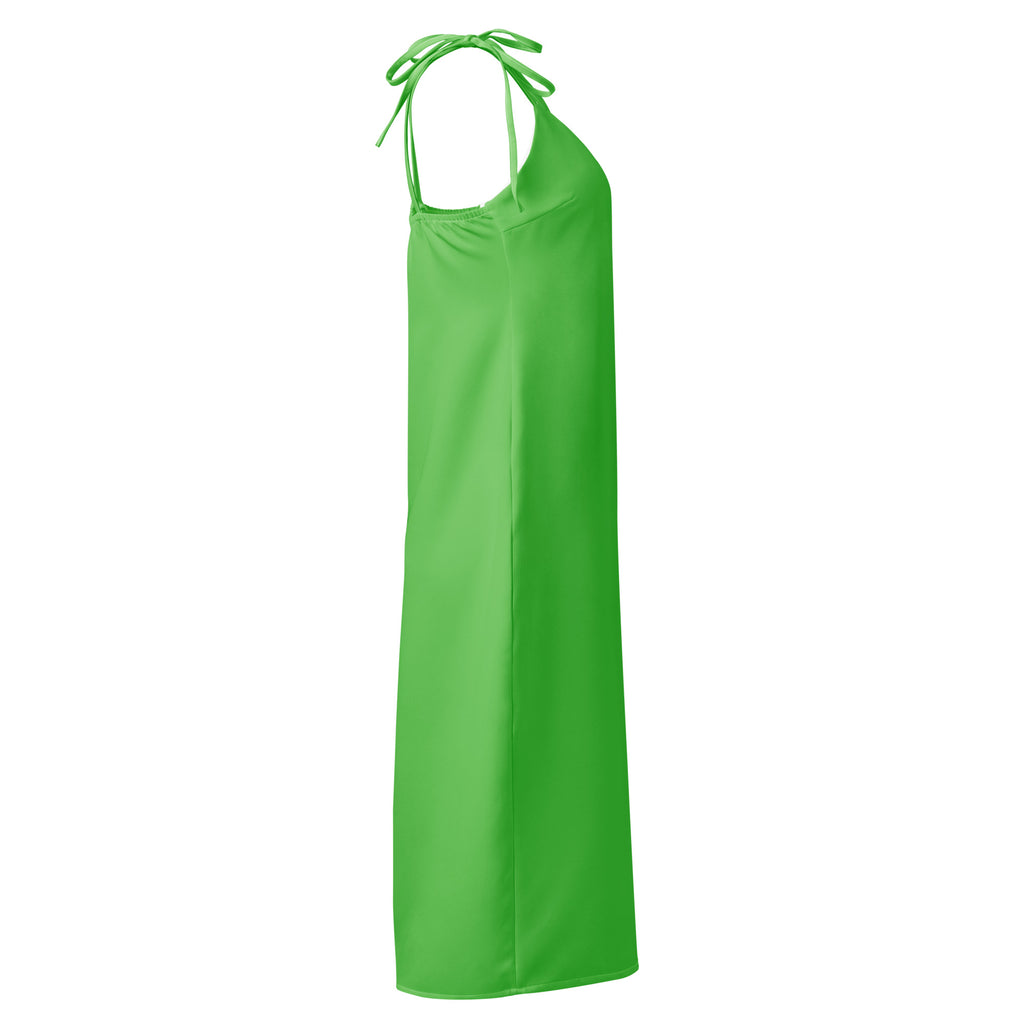 Women's green slip dress with adjustable tie straps and built-in bra, midi length.