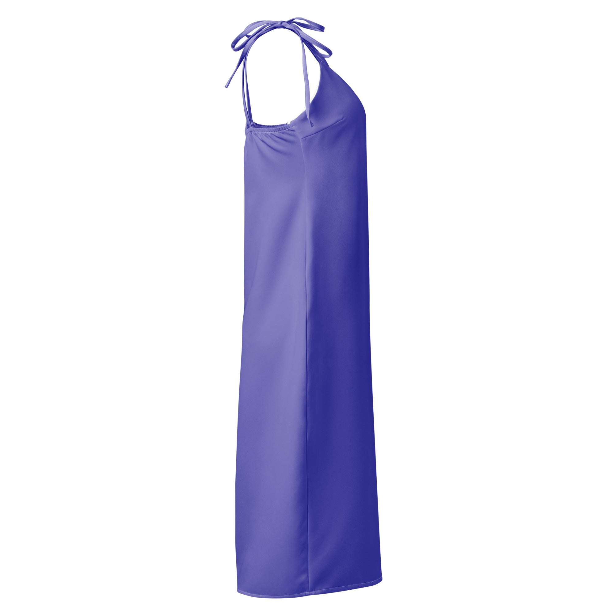 Purple halter neck dress on a white background
