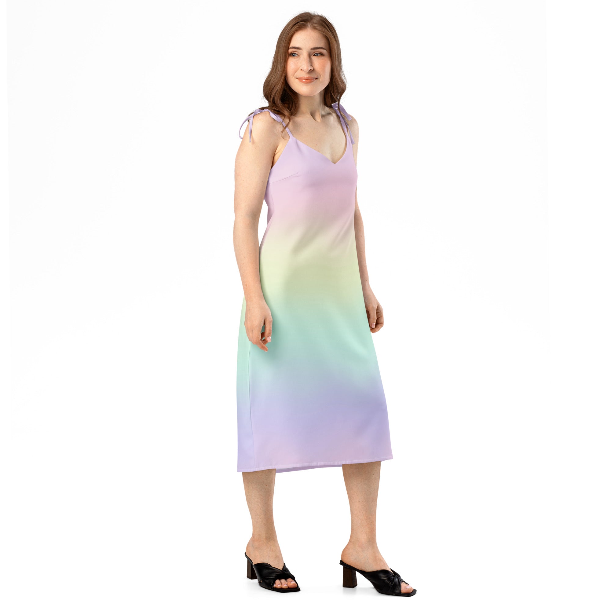 Women’s pastel rainbow slip dress midi with adjustable tie straps built in bra and lavender to mint gradient