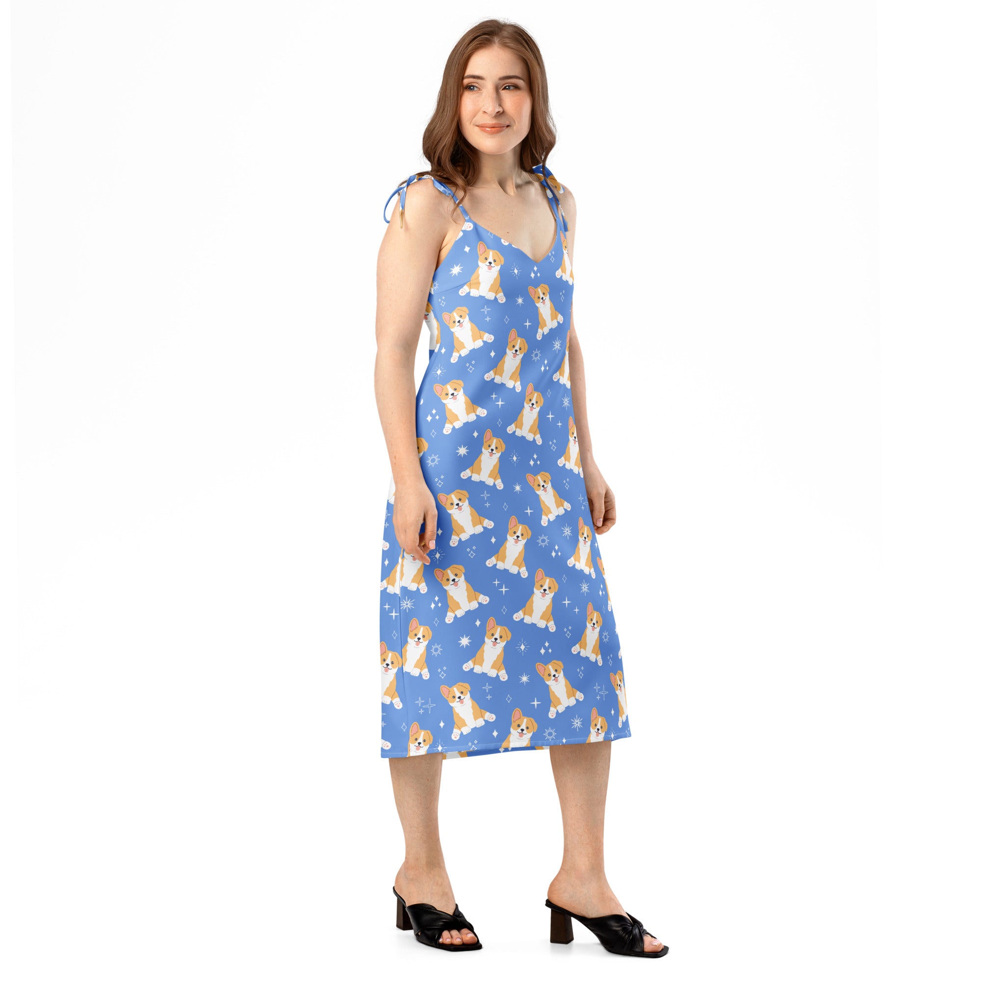Women’s blue midi corgi dog slip dress with adjustable tie straps and built in bra featuring tan and white puppy pattern