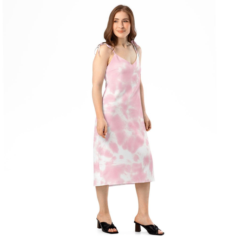 Women’s pink and white tie dye slip midi dress with adjustable thin straps and built in bra made of soft fabric