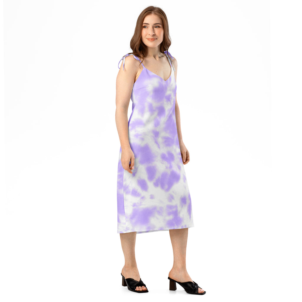 Women’s purple tie dye slip midi dress with adjustable thin shoulder tie straps and built-in bra in lavender and white