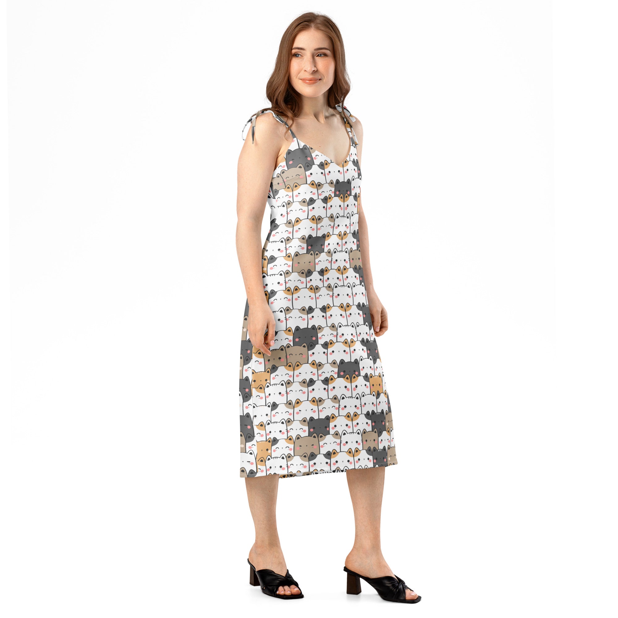 Women’s kawaii cat slip dress midi white sleeveless dress with gray brown black cartoon cat pattern and adjustable tie straps