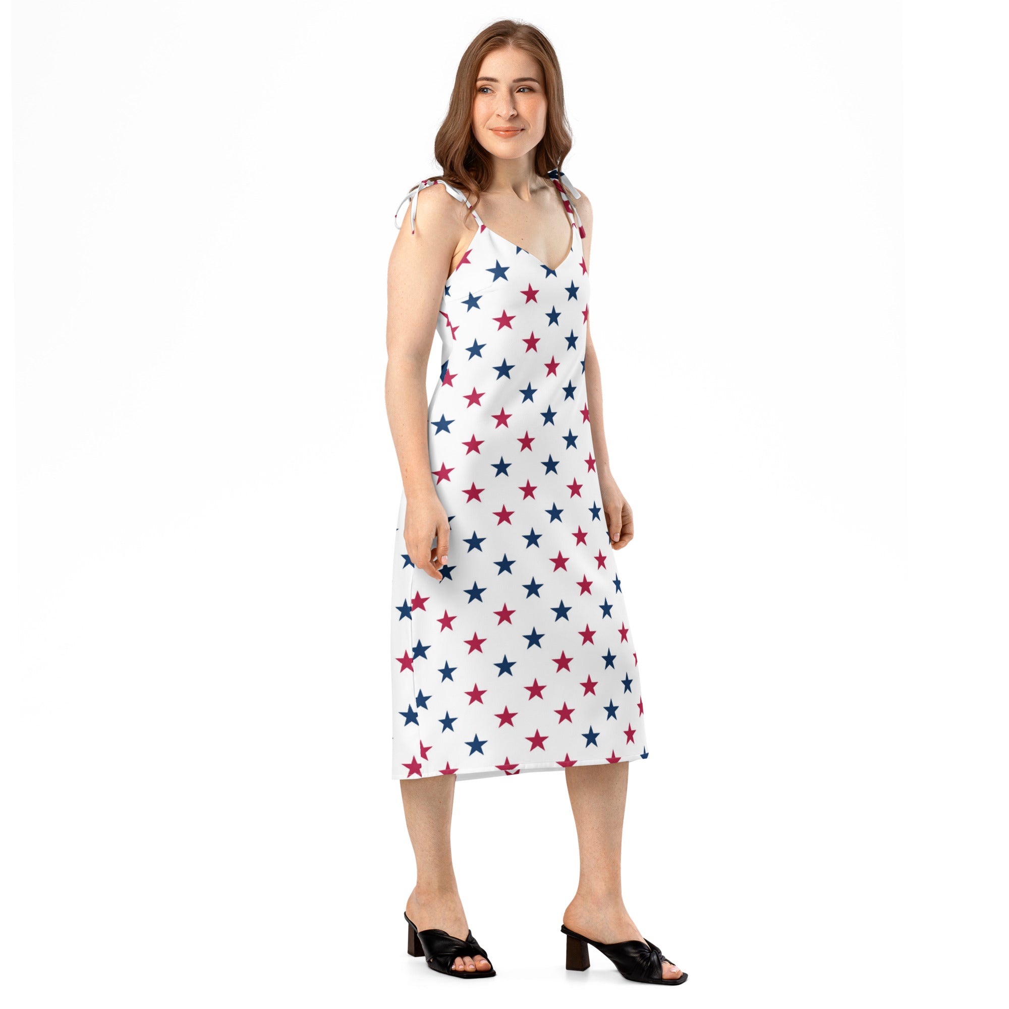 Women's USA Stars Slip Dress - Midi Dress With Adjustable Tie Straps & Built In Bra 