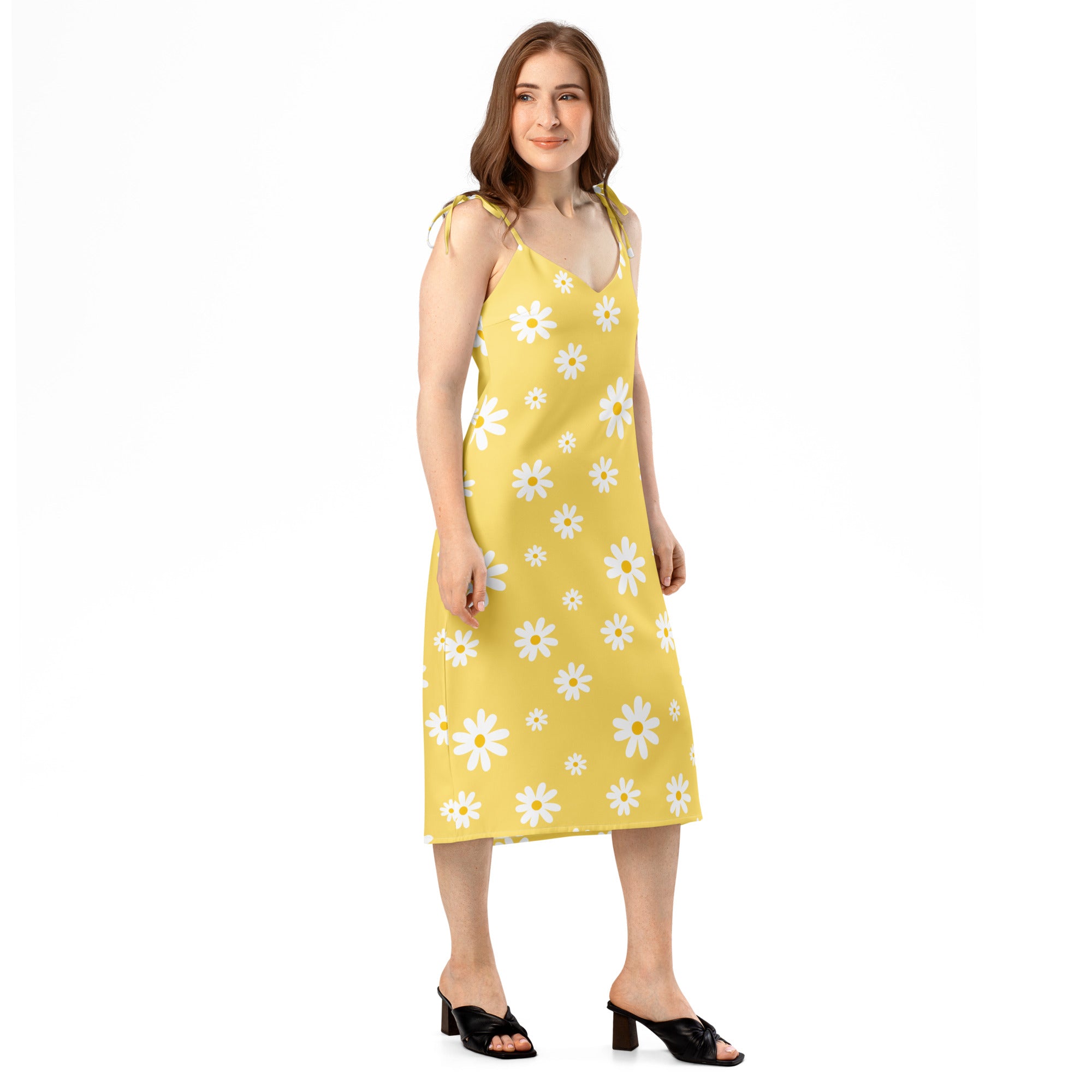 Women’s yellow daisy slip dress midi with adjustable tie straps v-neckline and built in bra floral sleeveless design