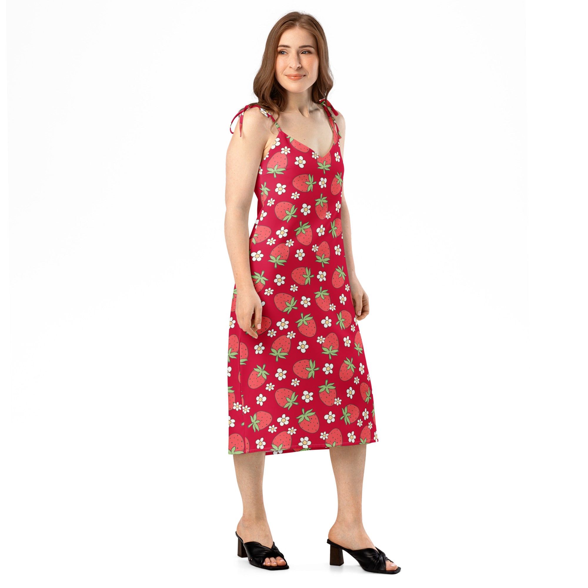 Women’s red strawberry slip midi dress with white flower print adjustable tie straps and built in bra