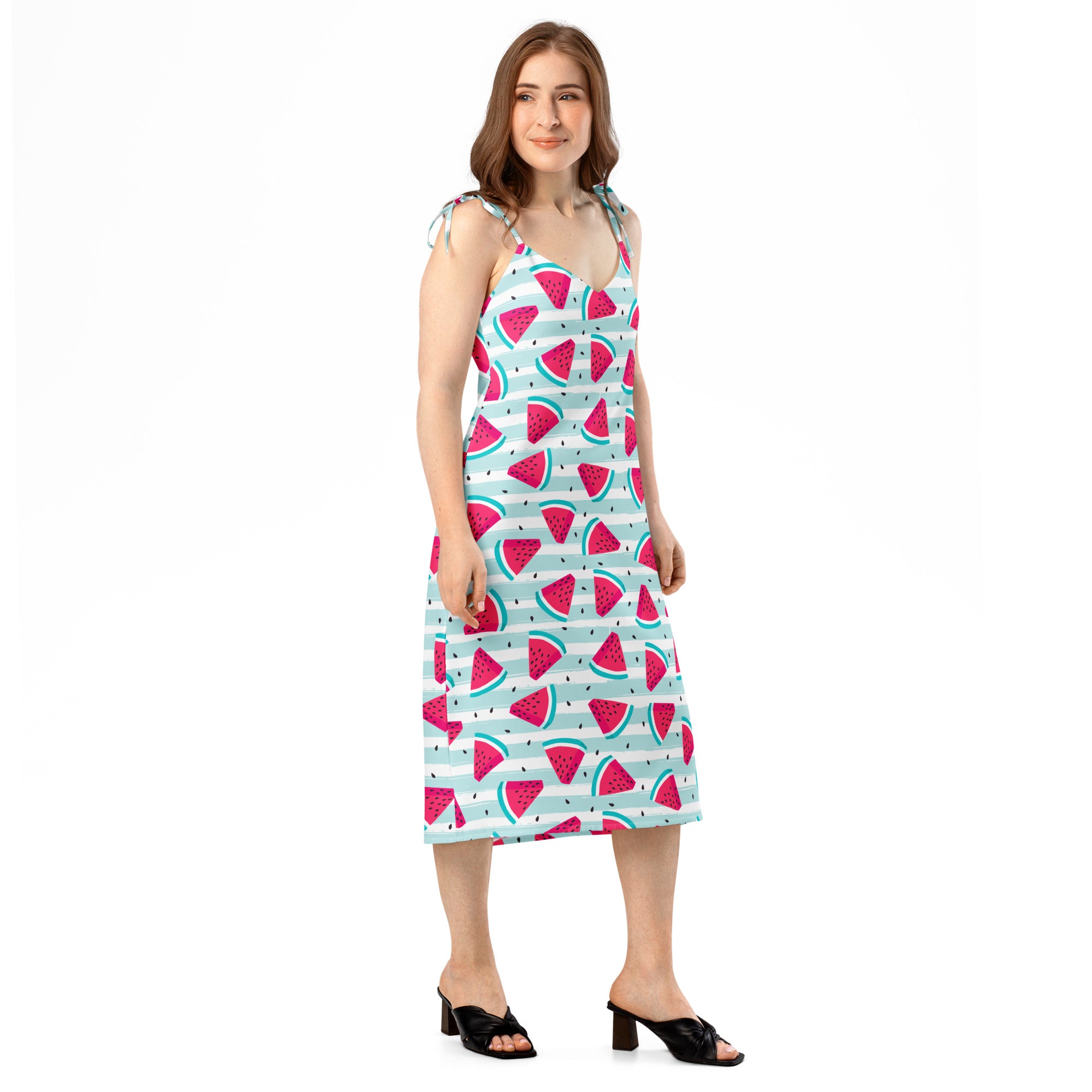 Women’s mid-thigh length slip dress with adjustable tie straps and built-in bra featuring watermelon slice pattern on light blue