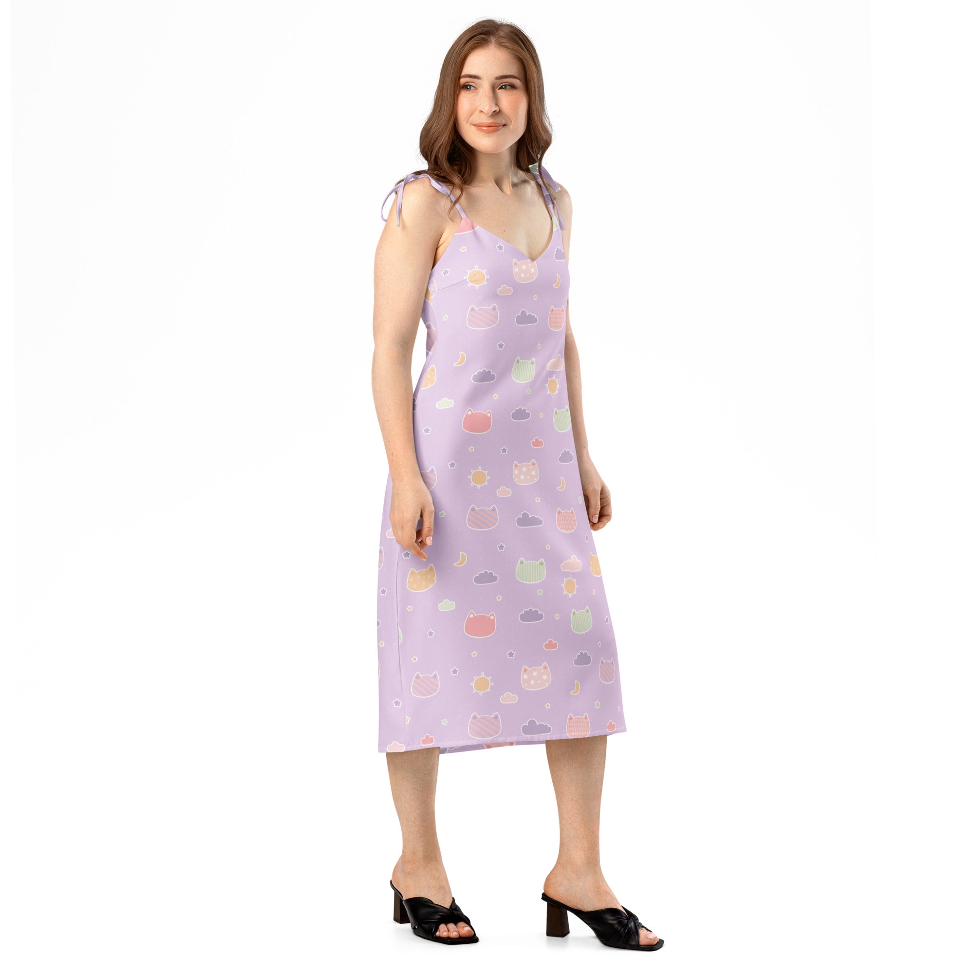 Lavender sleeveless midi slip dress with pastel kawaii cat cloud cupcake pattern adjustable tie straps built in bra