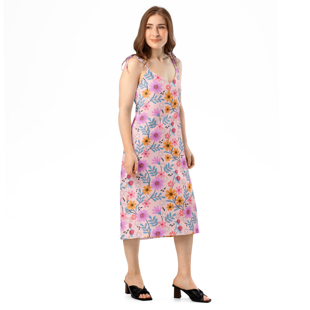 Women’s pink floral slip midi dress with adjustable thin tie straps v-neckline and built-in bra
