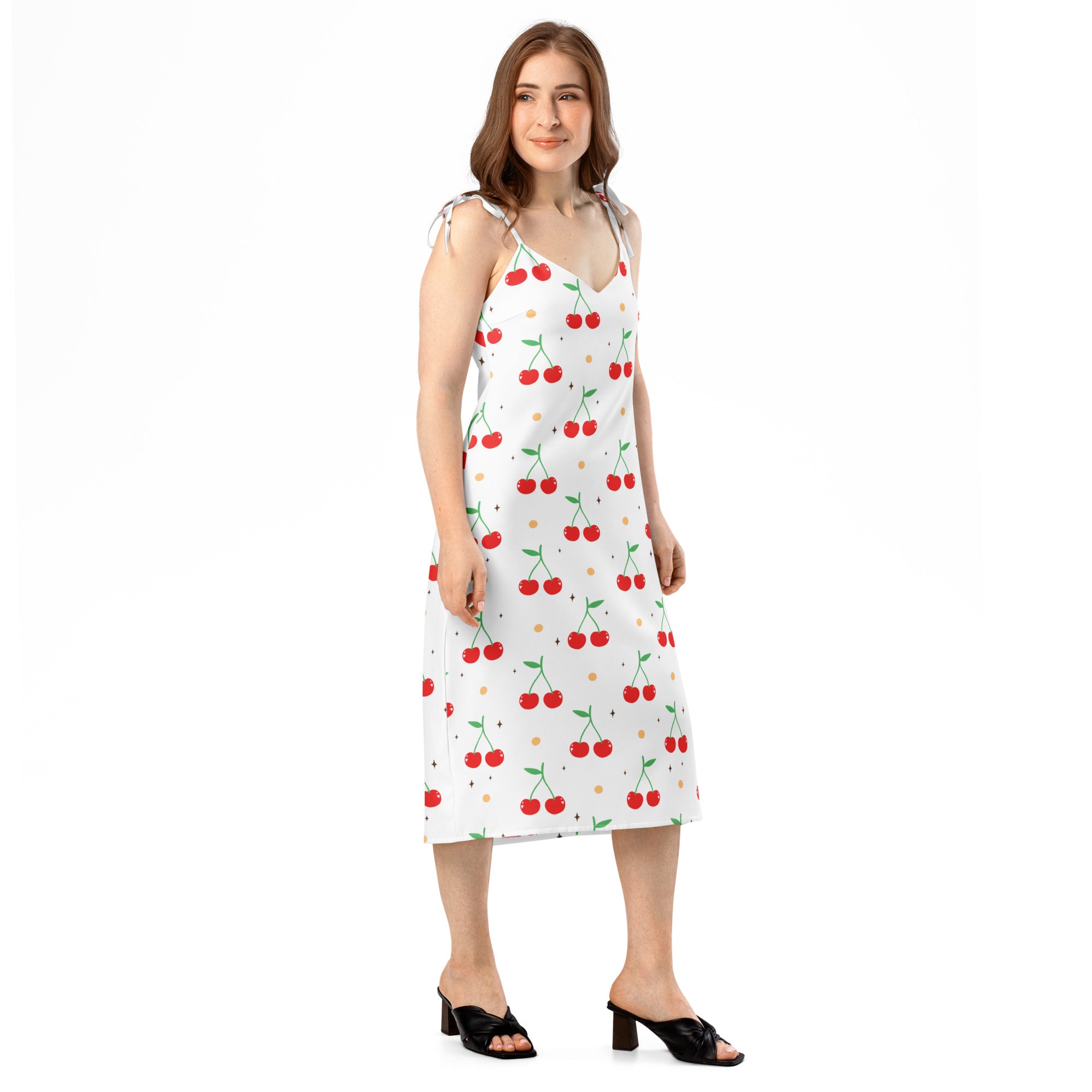 White cherry print slip dress with adjustable tie straps and built in bra midi dress for women