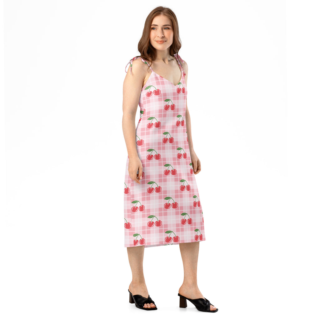 Women’s pink cherry gingham slip dress midi with adjustable tie straps and built in bra featuring a cherry pattern
