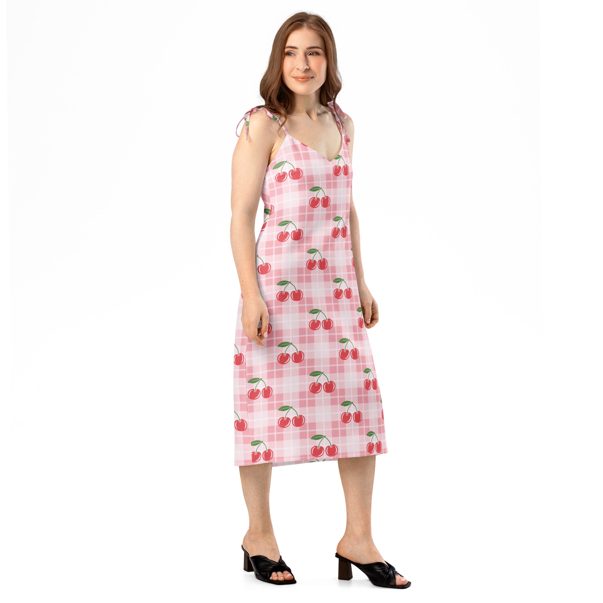 Women’s pink cherry gingham slip dress midi with adjustable tie straps and built in bra featuring a cherry pattern