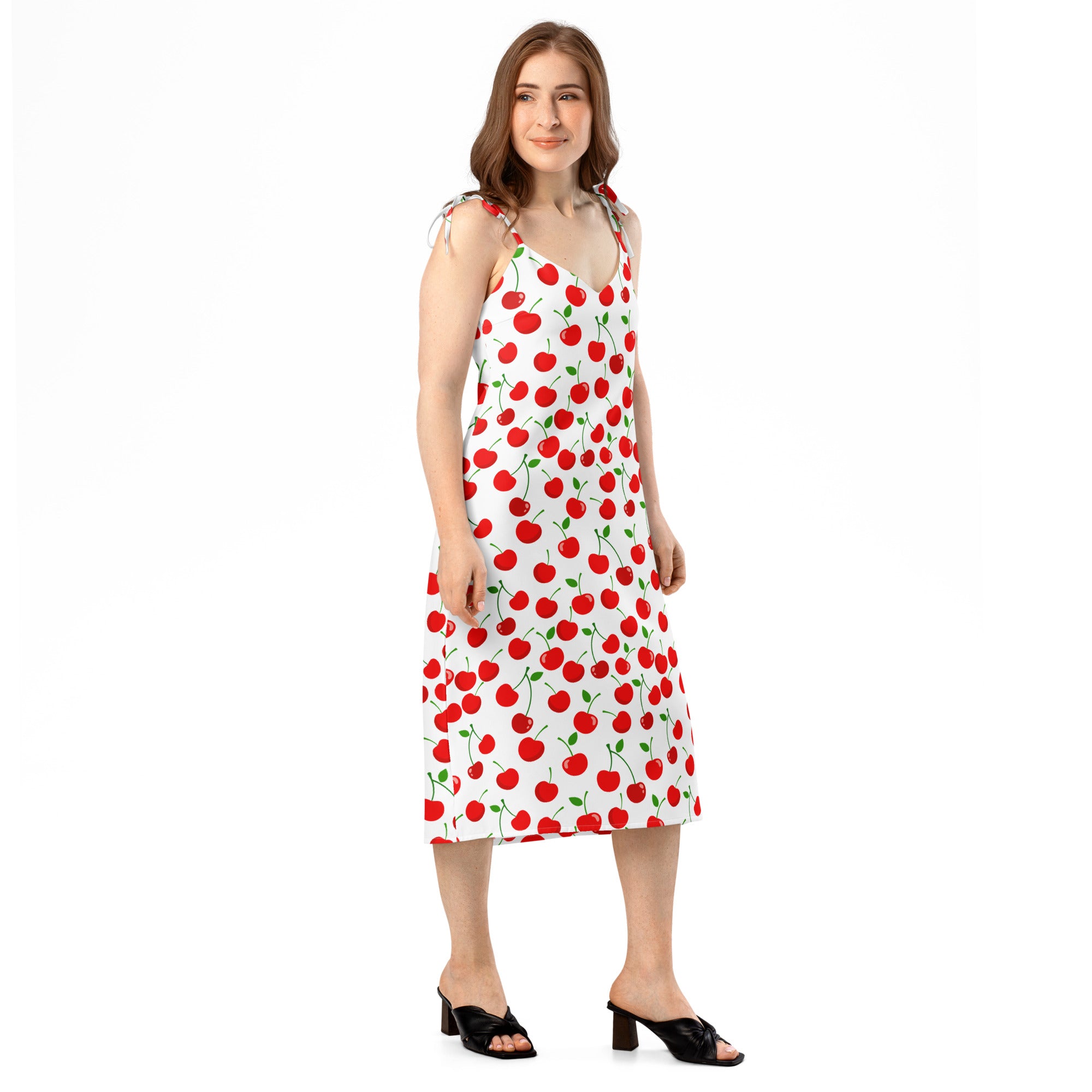 White cherry print midi slip dress with red cherries green stems thin adjustable tie straps and built in bra