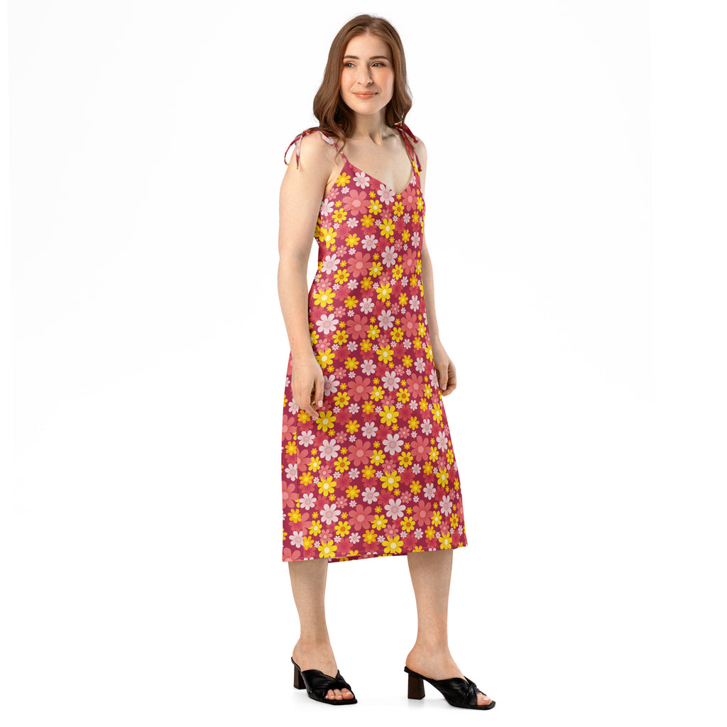 Women’s red floral slip dress midi dress with adjustable tie straps vibrant pink fabric with yellow and white blossoms