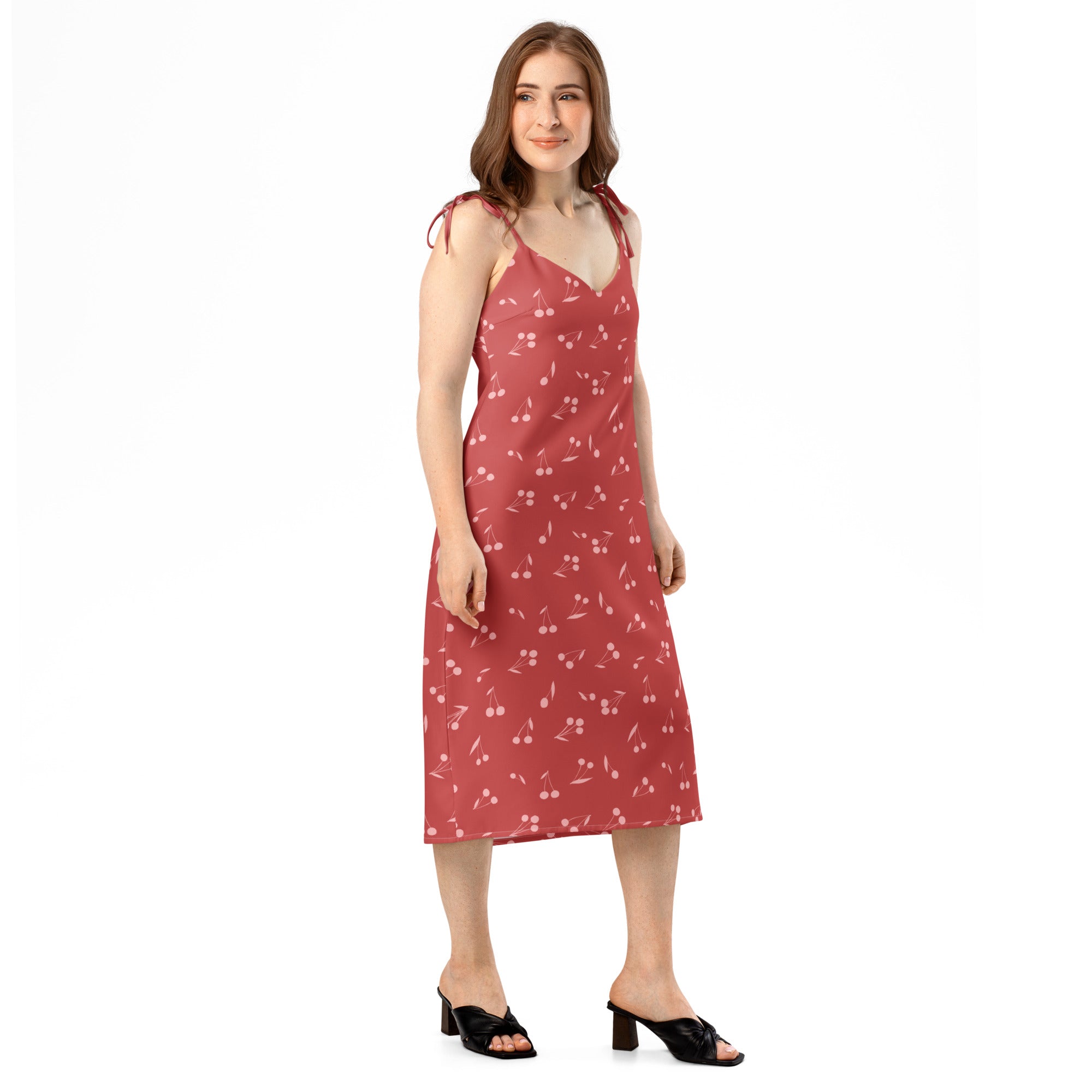 Red cherry print sleeveless midi slip dress with adjustable shoulder tie straps and built in bra for women