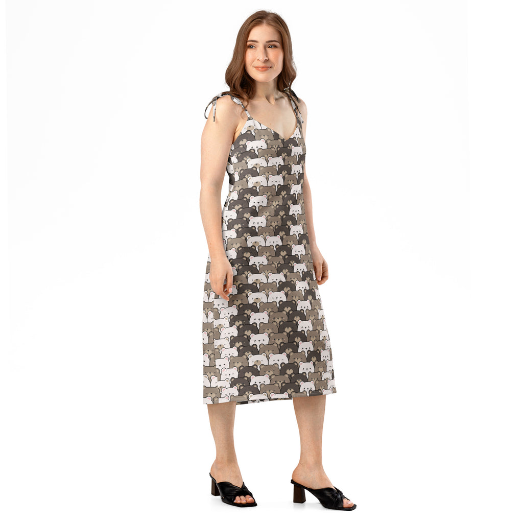 Women’s bear face slip dress midi with adjustable tie straps featuring playful white gray beige sheep on dark gray fabric