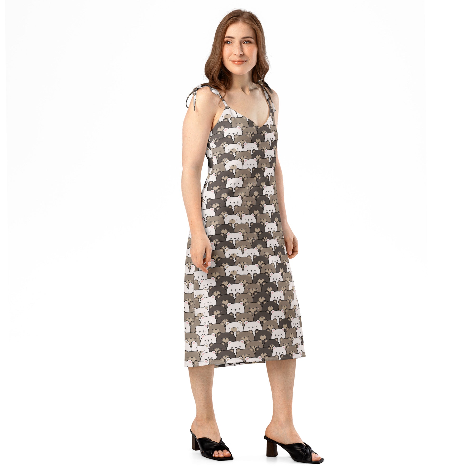 Women’s bear face slip dress midi with adjustable tie straps featuring playful white gray beige sheep on dark gray fabric