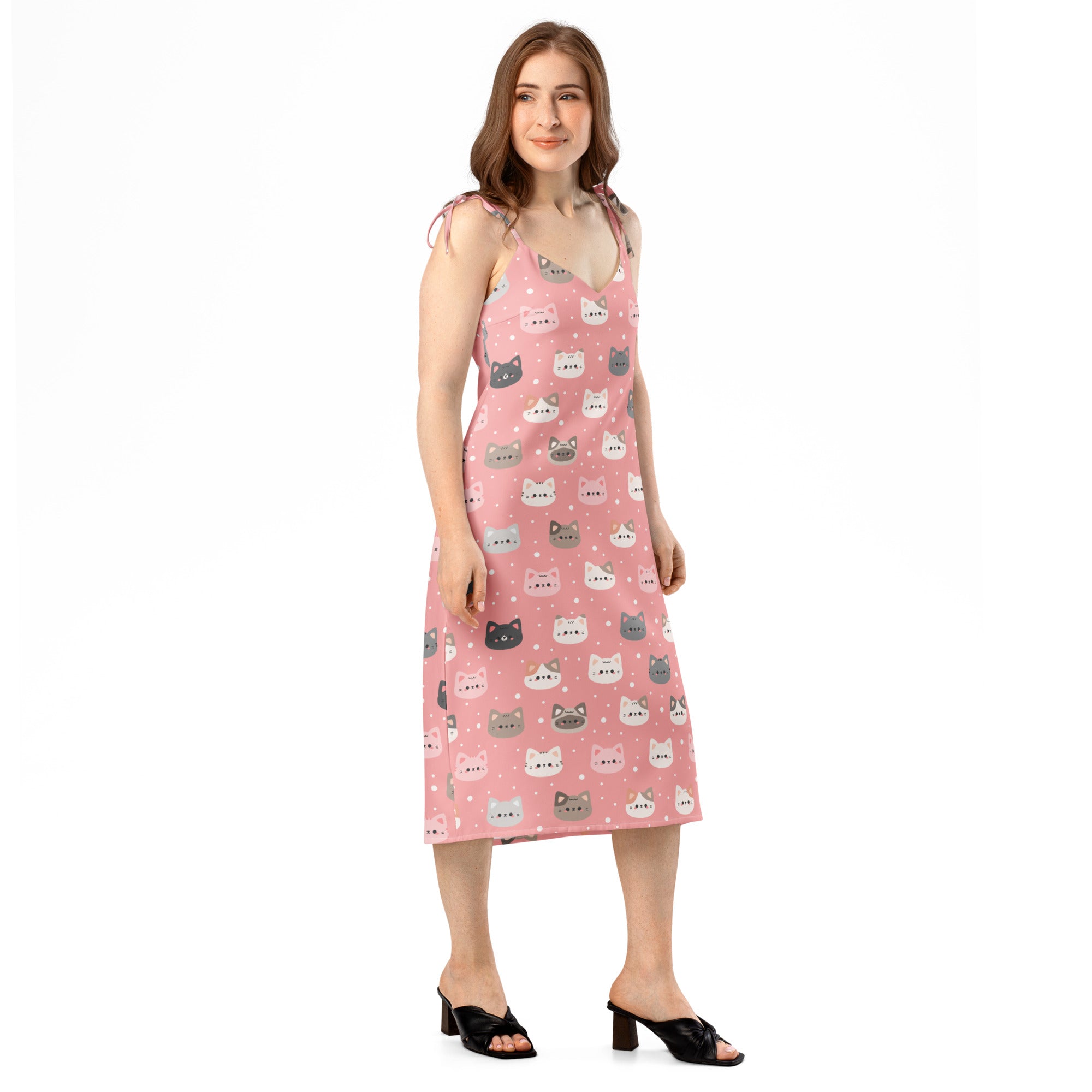 Women’s pink cat slip midi dress with adjustable tie straps, built-in bra, cartoon cat faces and white polka dots pattern