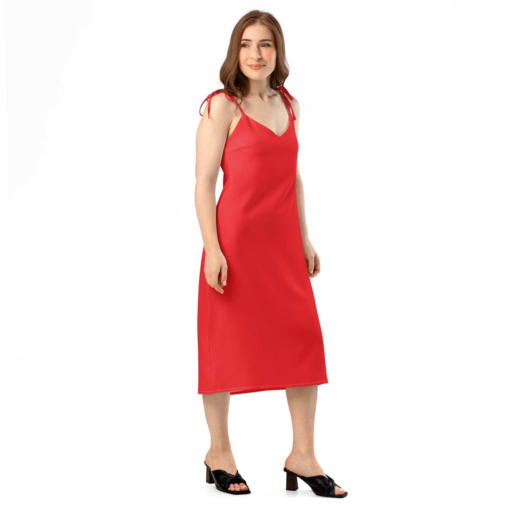 Woman wearing a red dress on a white background
