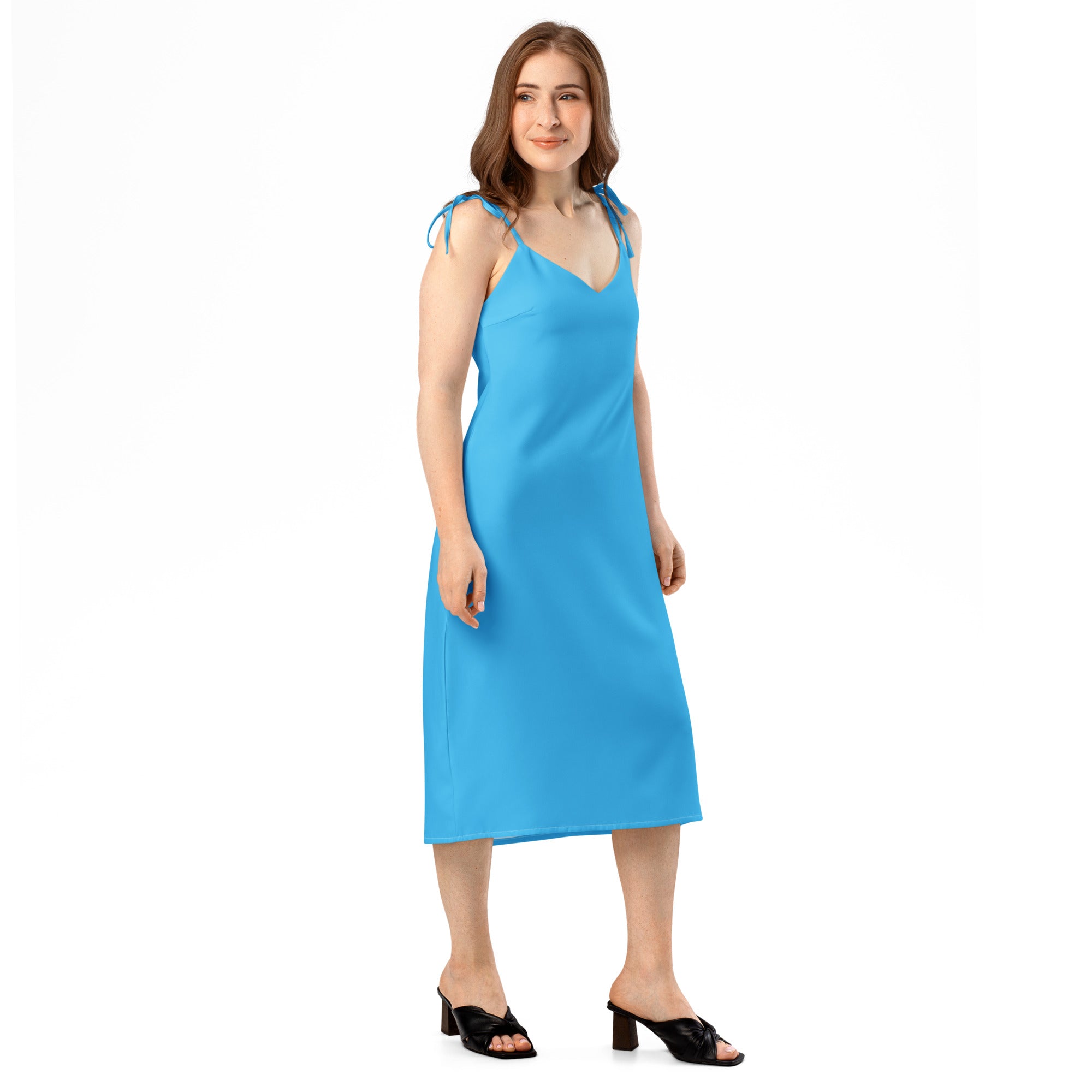 Women's sky blue midi slip dress with adjustable tie straps and built-in bra