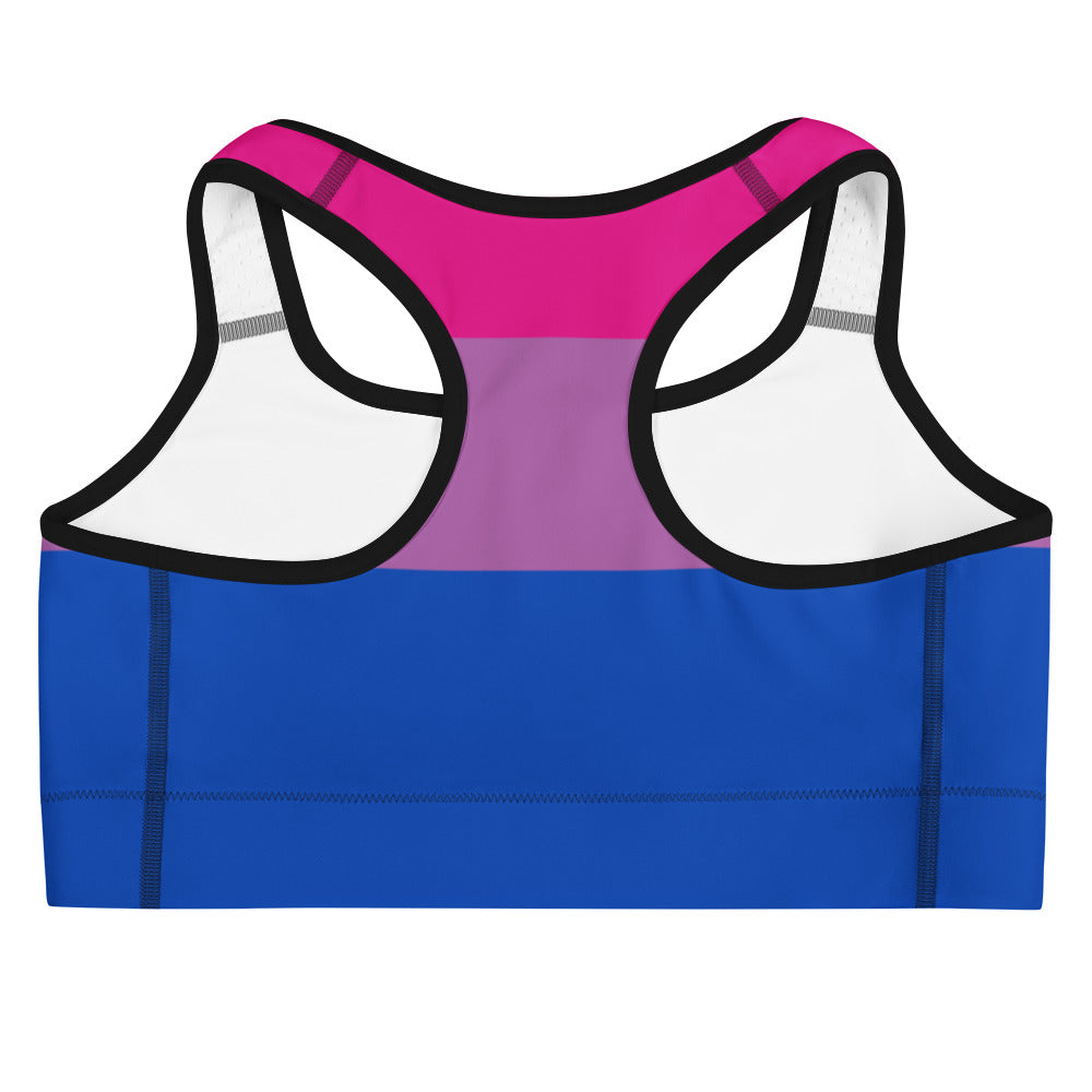 Women’s bisexual flag quick drying sports bra with pink purple and blue gradient bi-flag pattern front view