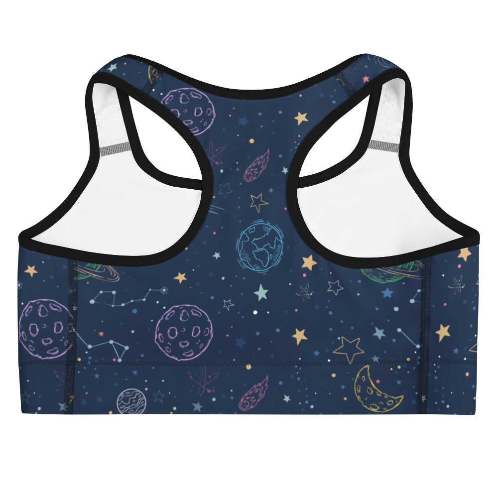 A navy blue quick drying sports bra with colorful galaxy space design featuring planets stars and constellations