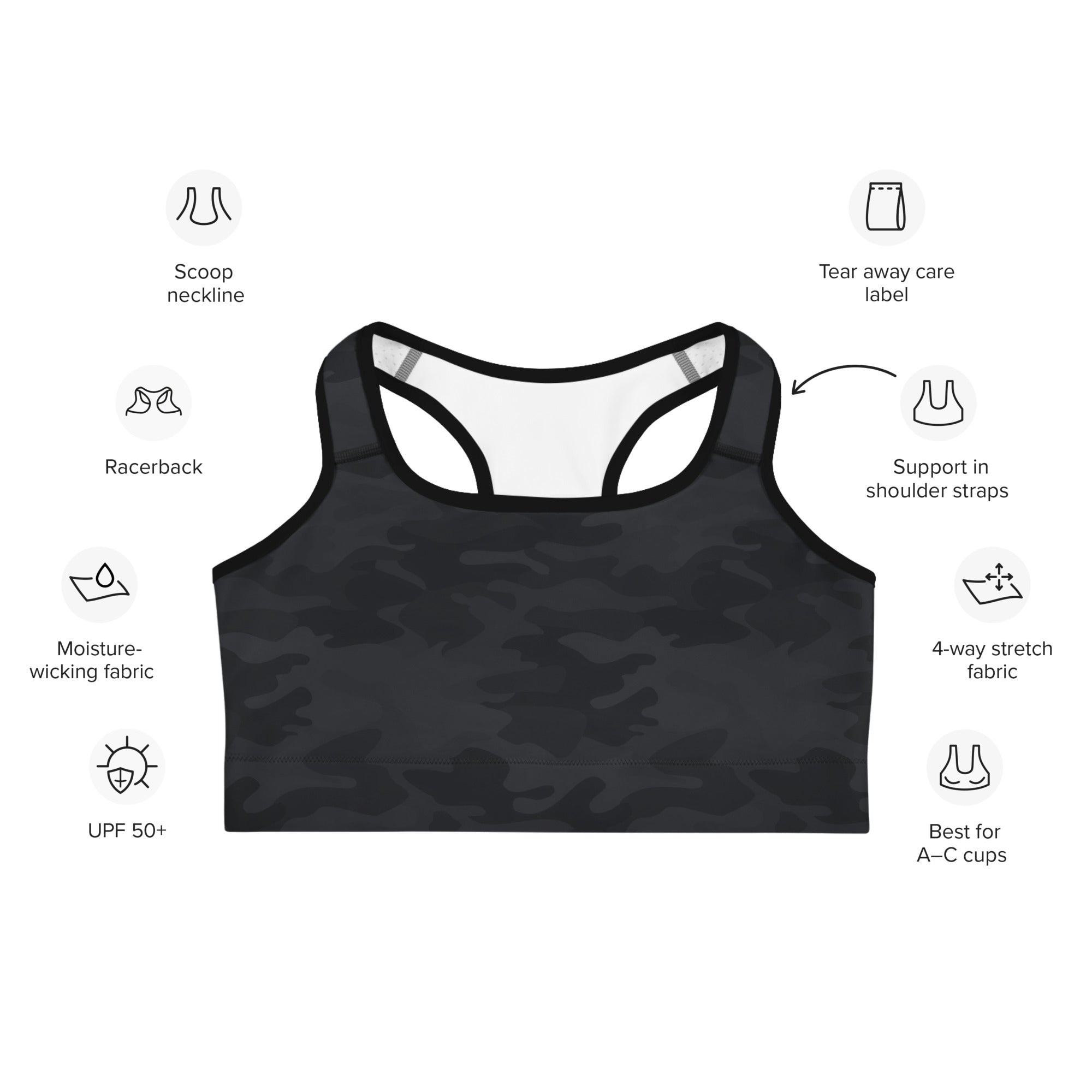 Women's Black Camouflage Quick Drying Sports Bra