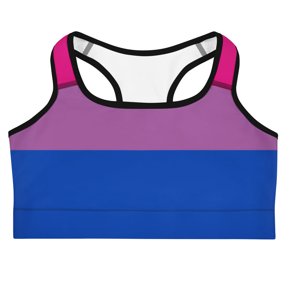 Women’s bisexual flag quick drying sports bra with vibrant bi-pansexual colors, gradient pink to purple and solid blue